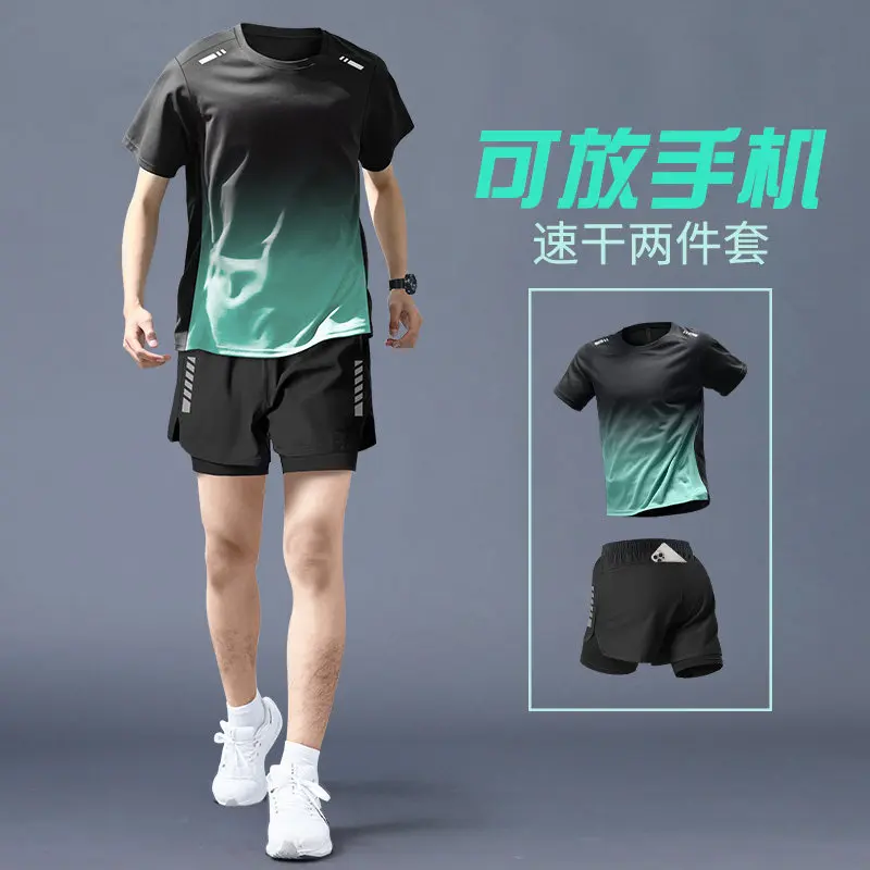 Running Gear Marathon - ชุดวิ่งสำหรับผู้ชาย - เสื้อและกางเกงออกกำลังกายแบบแห้งเร็ว, กางเกงขาสั้นฤดูร้อนและกางเกงรัดรูปฤดูใบไม้ผลิ, อุปกรณ์ฝึกซ้อมปั่นจักรยานมาราธอน, ชุดกีฬาใหม่