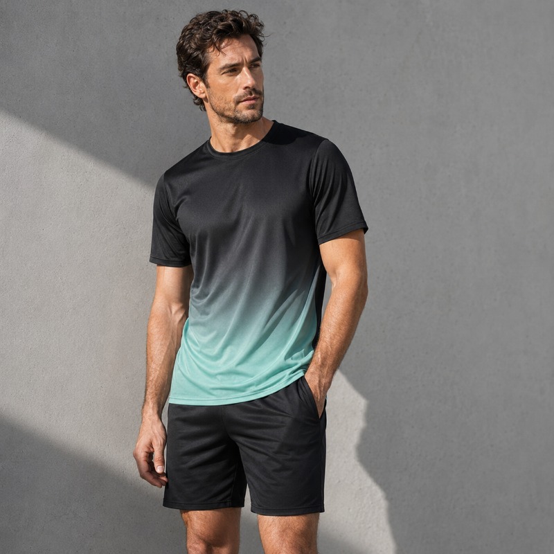 Running Gear Men - ชุดกีฬาผู้ชายแบบแห้งเร็ว 2 ชิ้น เสื้อยืดไล่เฉดสี กางเกงขาสั้น ผ้าโพลีเอสเตอร์น้ำหนักเบา