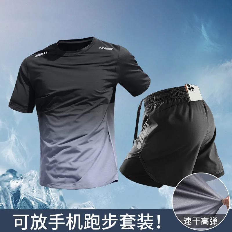 Running Gear Marathon - ชุดวิ่ง 2 ชิ้นสำหรับผู้ชาย: เสื้อยืดผ้าไหมน้ำแข็งแห้งเร็วและกางเกงขาสั้นออกกำลังกายพร้อมกระเป๋าใส่โทรศัพท์ – อุปกรณ์มาราธอนฤดูร้อนและออกกำลังกายระดับมืออาชีพ