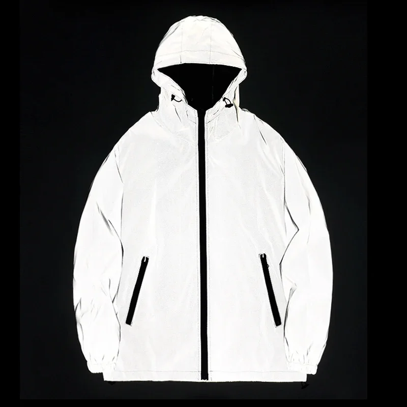 Reflective Running Jacket - คู่ใหม่ Night สะท้อนแสงเสื้อผ้าสีทึบโพลีเอสเตอร์นักเรียนชาย Class ชุดอินเทรนด์ Luminous