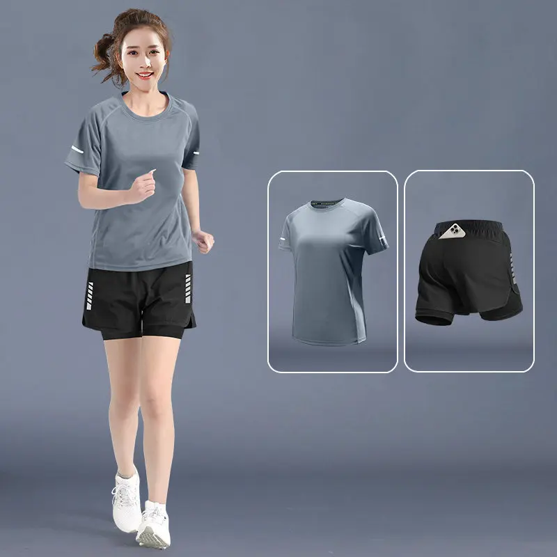 Running Gear Marathon - ชุดวิ่งฤดูร้อนสำหรับผู้หญิง - เสื้อยืดผ้าไหมน้ำแข็งแห้งเร็วและกางเกงขาสั้นไซส์ใหญ่ ชุดออกกำลังกายสำหรับการฝึกวิ่งมาราธอน
