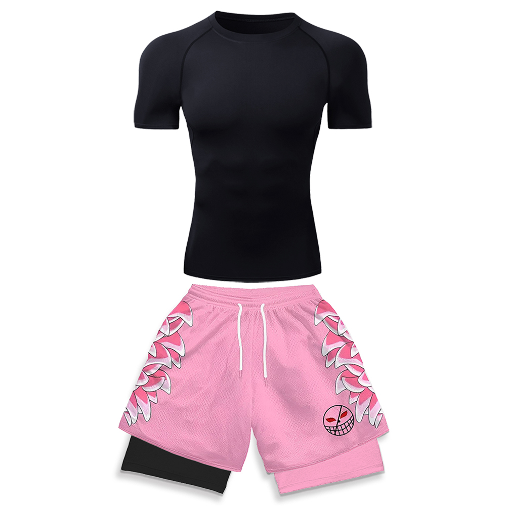 Running Gear Men - ชุดออกกำลังกายยืดหยุ่นสูงสำหรับผู้ชาย เสื้อยืดสีขาวแบบรัดรูป & กางเกงวิ่งขาสั้นพิมพ์ลายกราฟิก 3 มิติสีชมพู