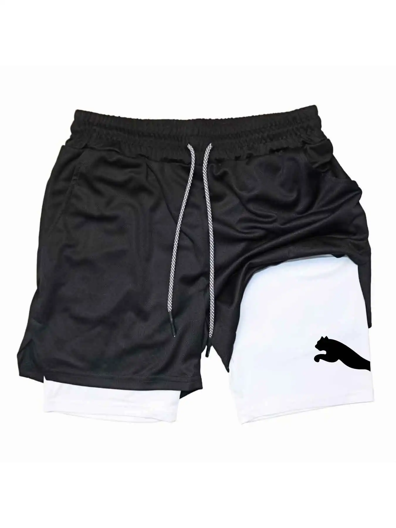 Running Gear Men - กางเกงขาสั้นกีฬาพิมพ์ลาย 2-in-1 กางเกงวิ่งออกกำลังกาย กางเกงวิ่งช้าๆ ชุดกีฬาลำลอง กางเกงฟิตเนสสองชั้น